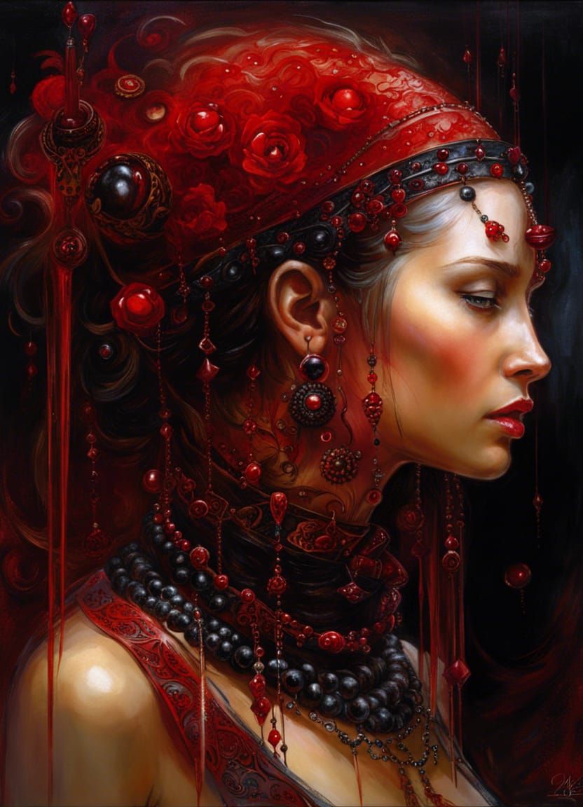 Woman Bleeding Rubies and Onyxes: Macabre Digital Art