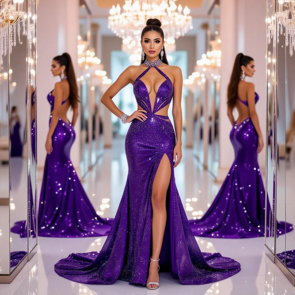 Elegant Persian Woman in Crystal Gown in Mirror Hall