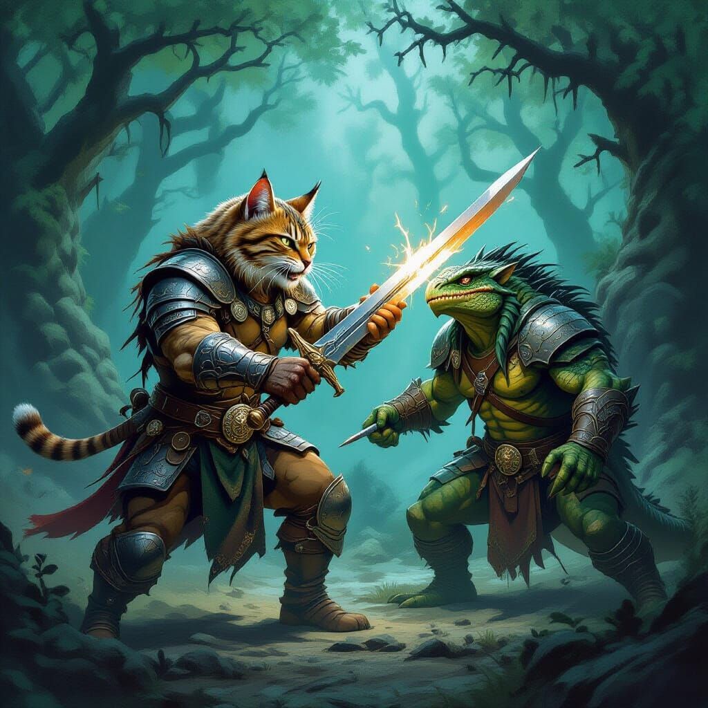 Barbarian Cat vs Lizardman in Gritty Comic Style