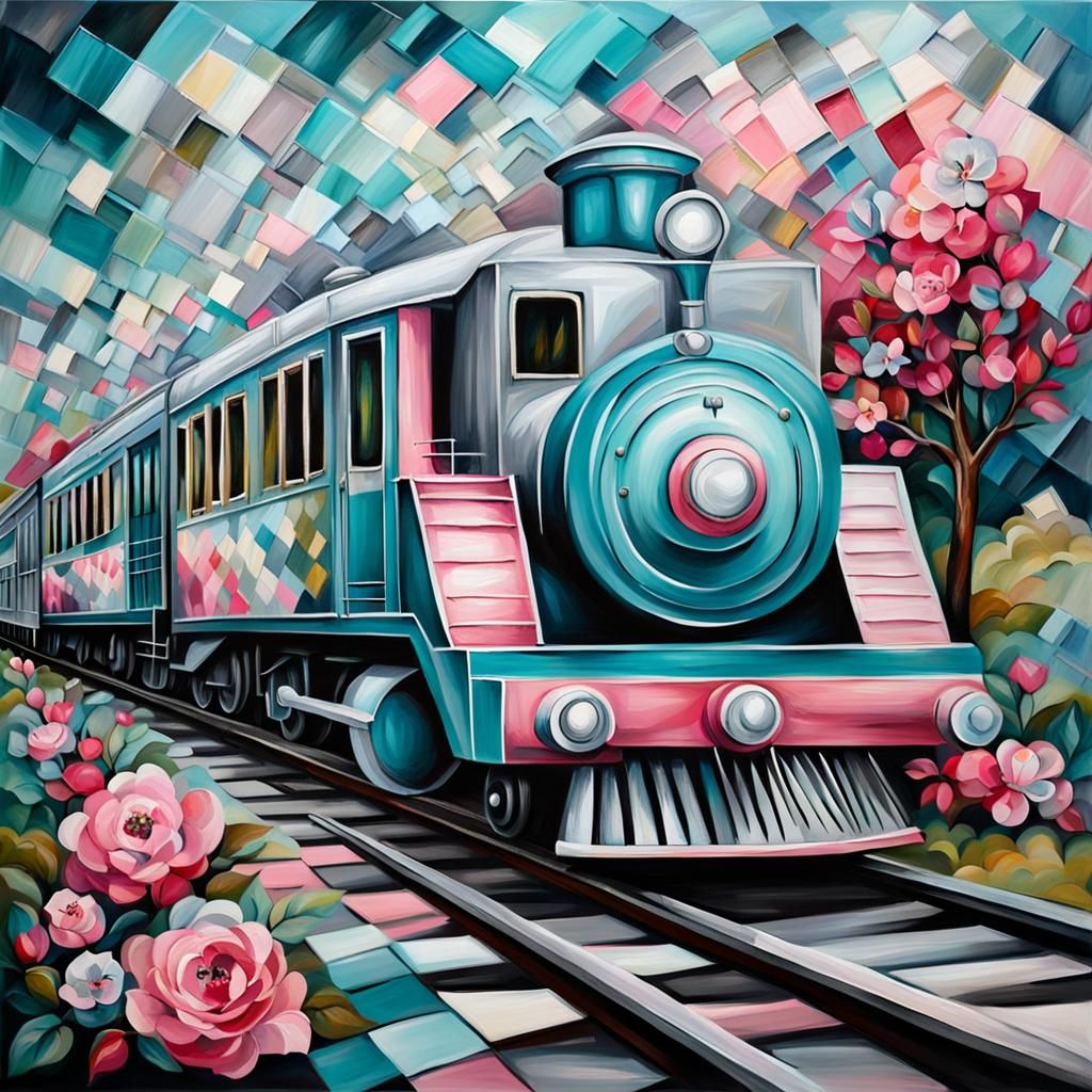 Patchwork Train in Teal and Grey, Oil Painting