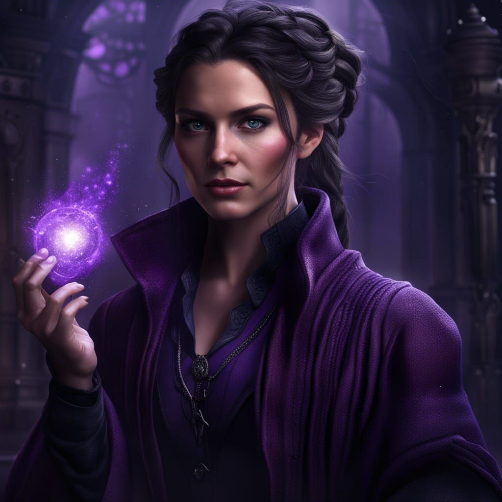 Woman Mage Casting Purple Magic, Detailed Digital Painting