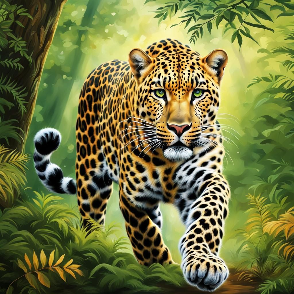 Leopard Running Free in Forest: Airbrush Art