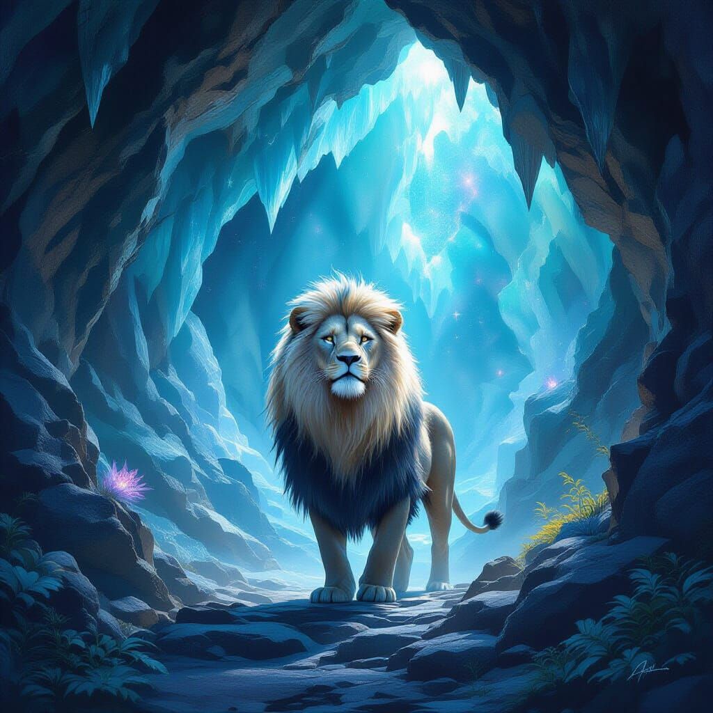 Majestic Lion Guards Crystal Cave Entrance in Starlit Mane