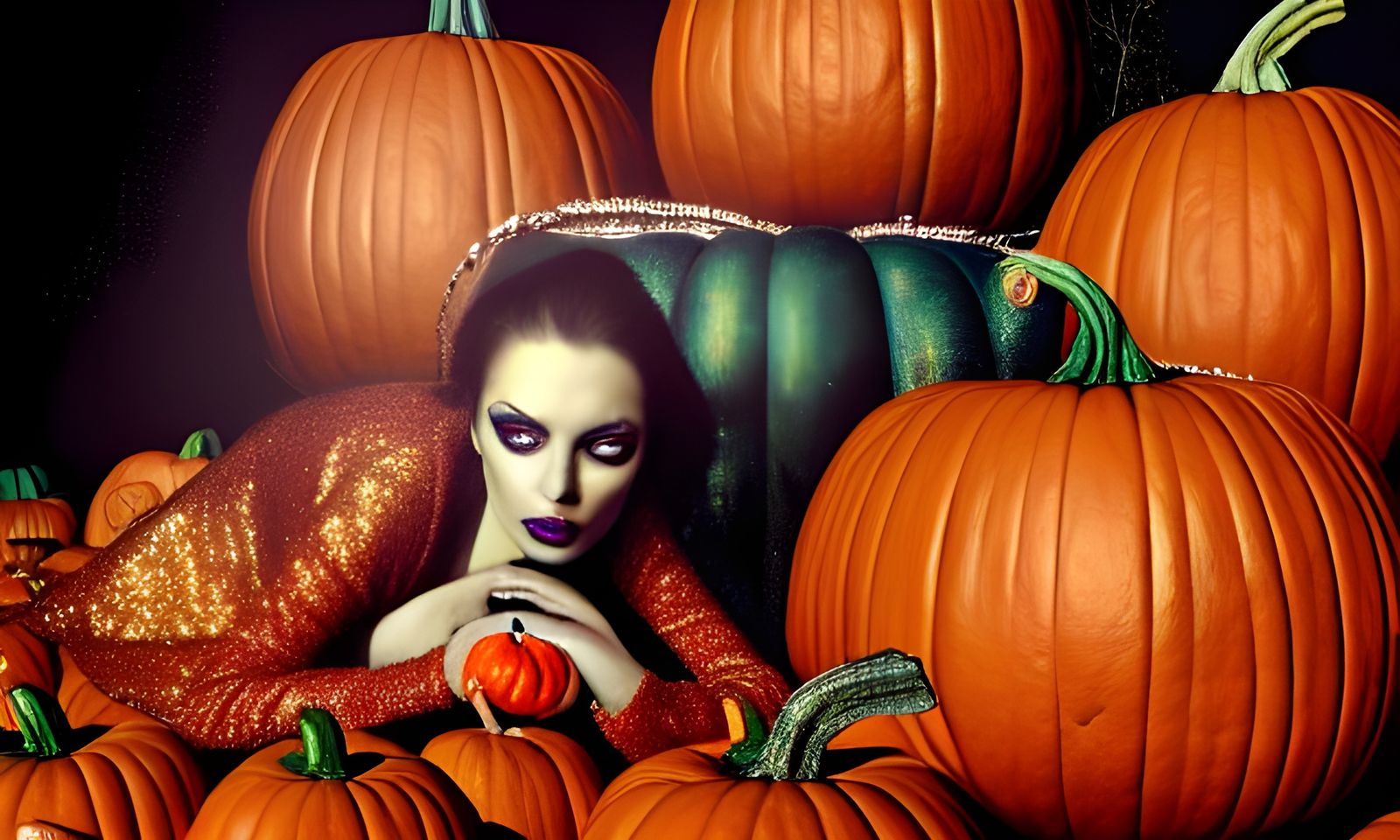 Glittering Sorceresses on Pumpkins in Hyperdetailed Painting