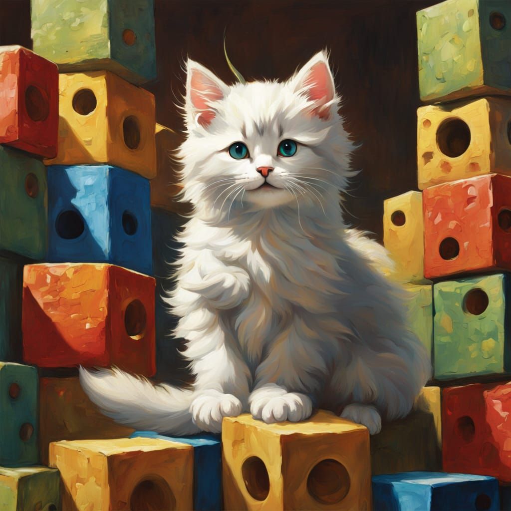 Fluffy Kitten Conquers Vibrant Cubical Block Towers