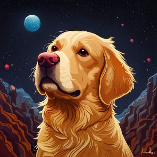 Golden Retriever in the Stars: Impasto Gouache Illustration