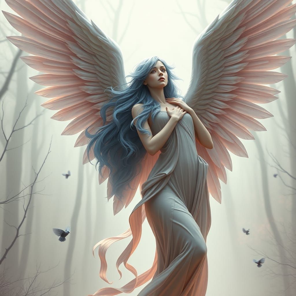 Art Nouveau Angel in Misty Forest