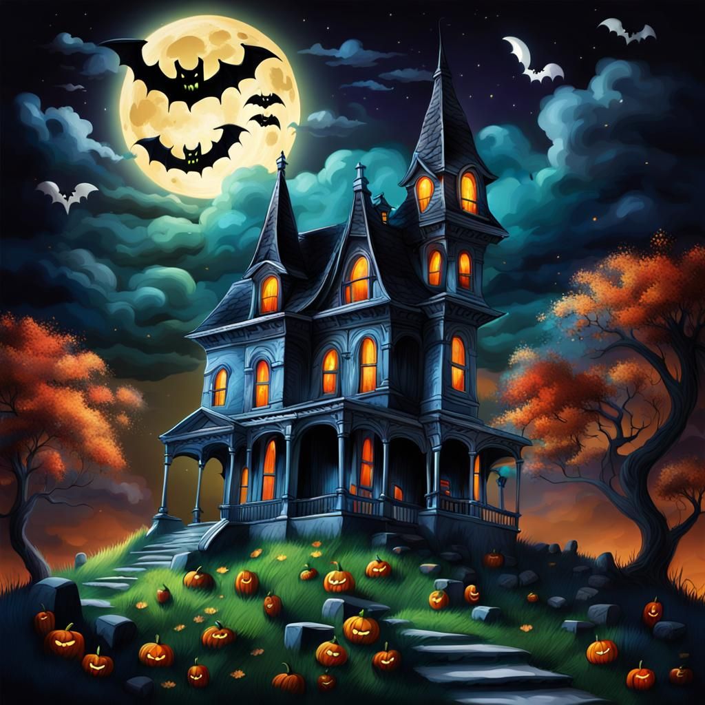 Haunted House on Halloween Night with Cemetery