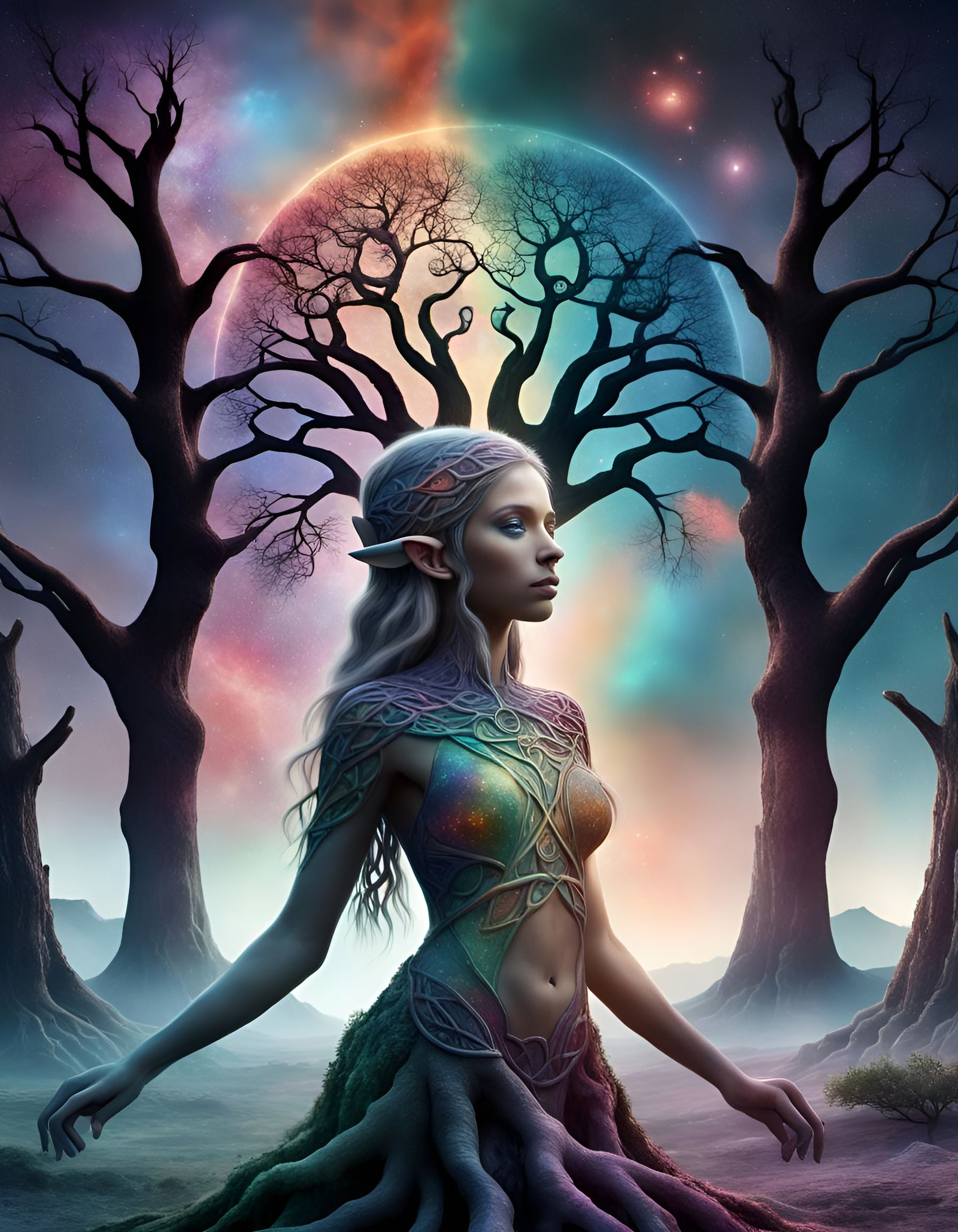 Multicolored Elf Goddess with Celtic Tree of Life
