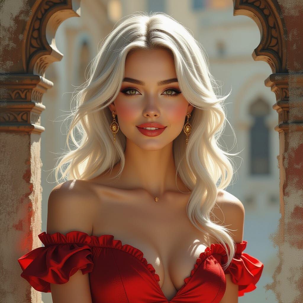 Impressionistic Portrait of a Woman in Red Dress