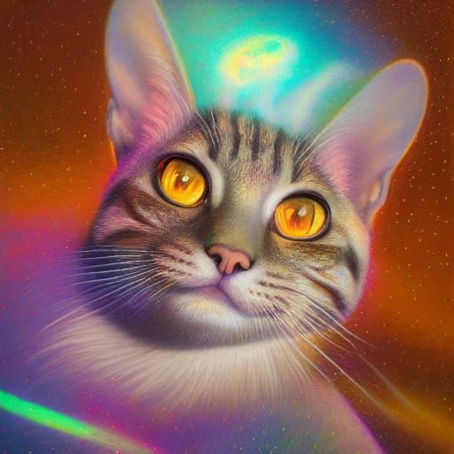 Curious Cats Oil Painting with Cosmic Elements