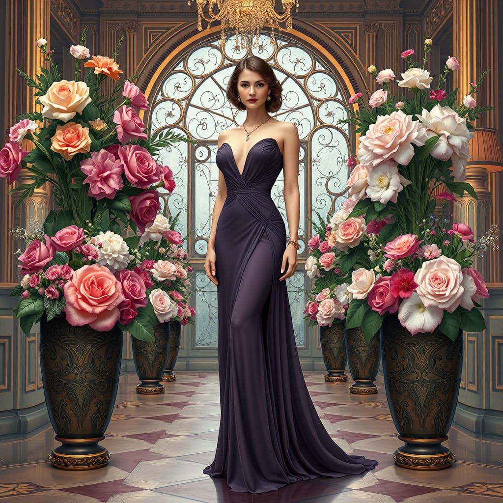 Elegant Woman in Ballroom, Art Nouveau Style