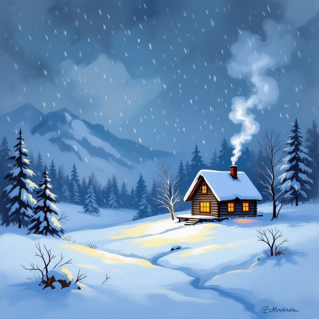 Winter Mountain Cove with Log Cabin in Snowstorm