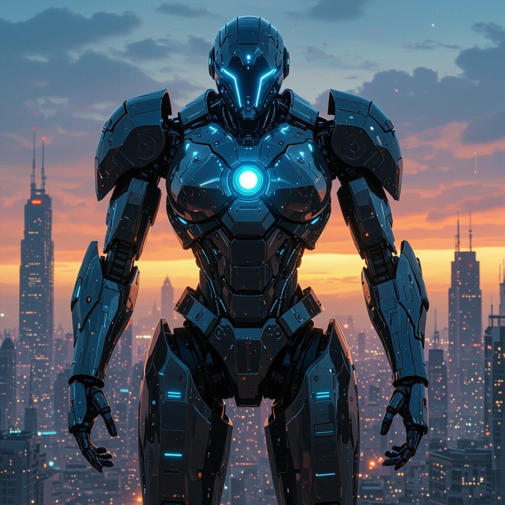 Imposing Female Robot in Dystopian Cityscape