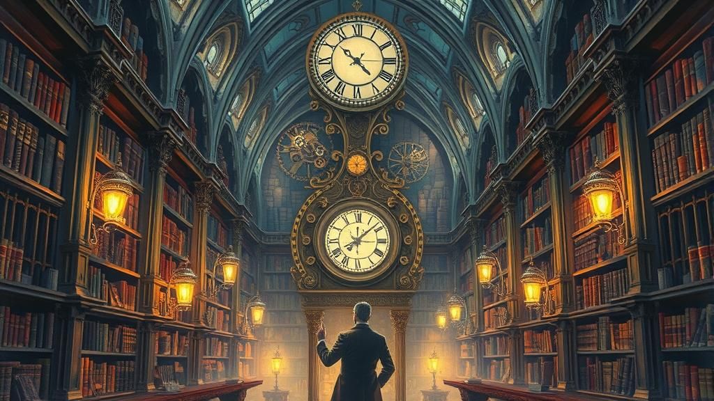 Steampunk Inventor in Mystical Library, Impasto Matte Painti...