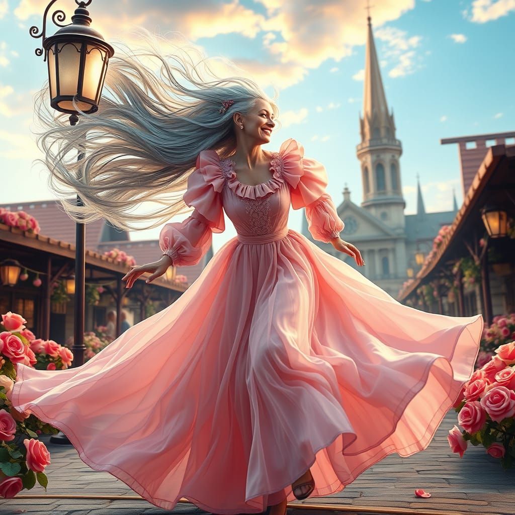 Elderly Queen Runs Through Rose Market, Fantasy Art