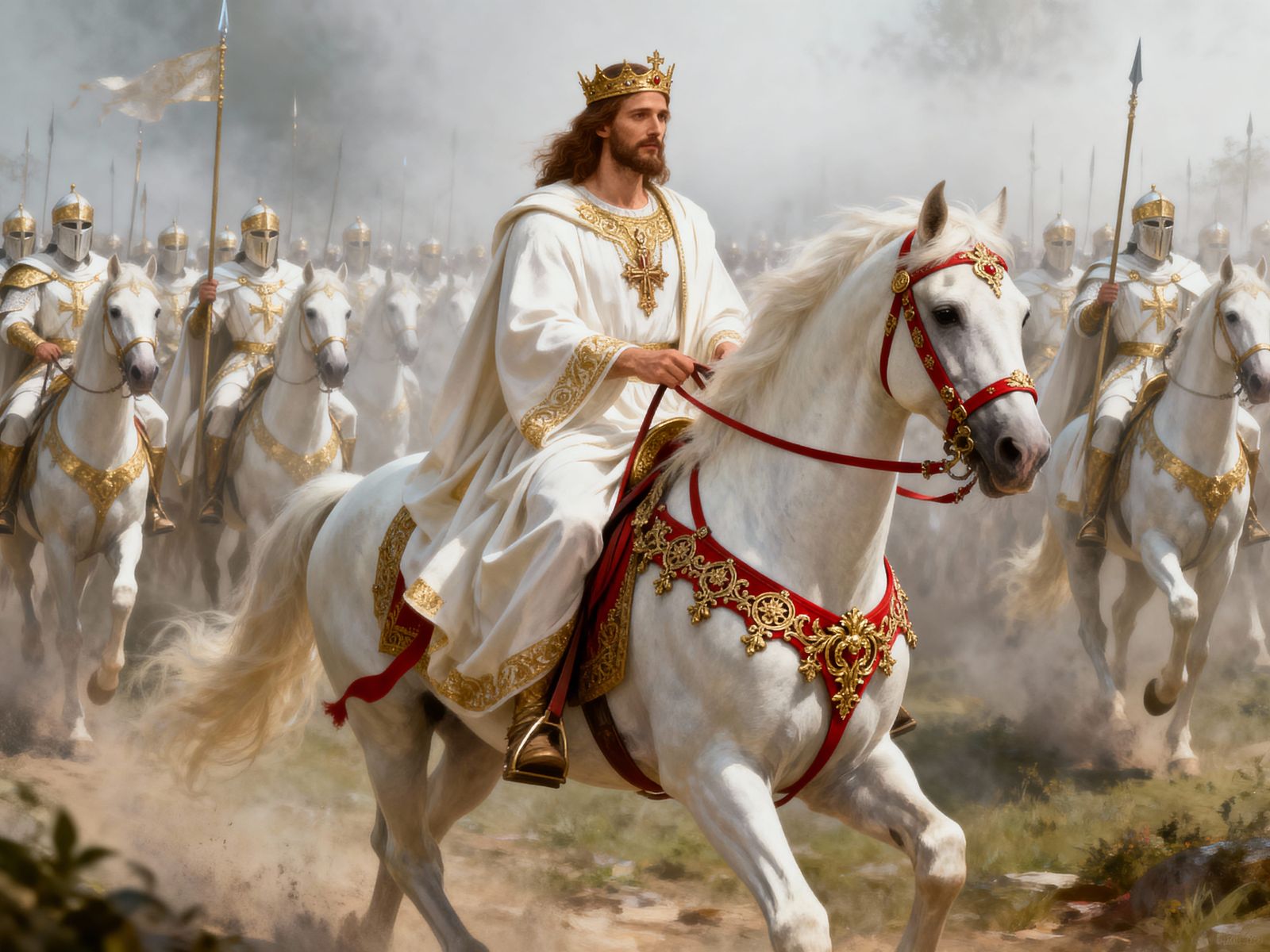 King Jesus Rides White Horse with Golden Trimmings