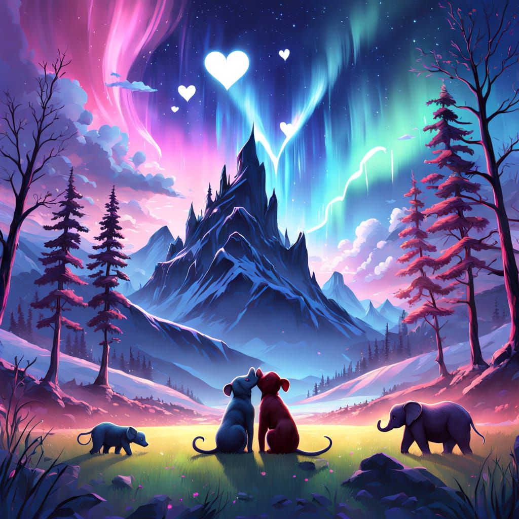Romantic Animal Couples in Whimsical Fantasy Landscape