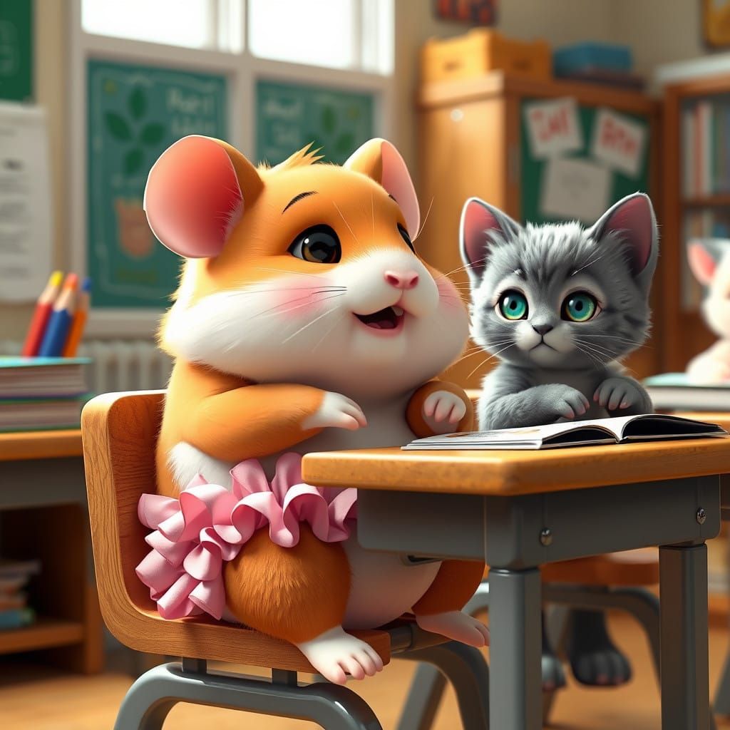Cute Hamster and Kitten Learn Together in Whimsical 3D Anime...