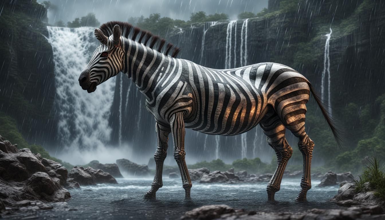 Xenomorph Zebra, Another World, Waterfalls, Spacepunk, intricately detailed, hyperrealism, 64 megapixels 8K resolution U...