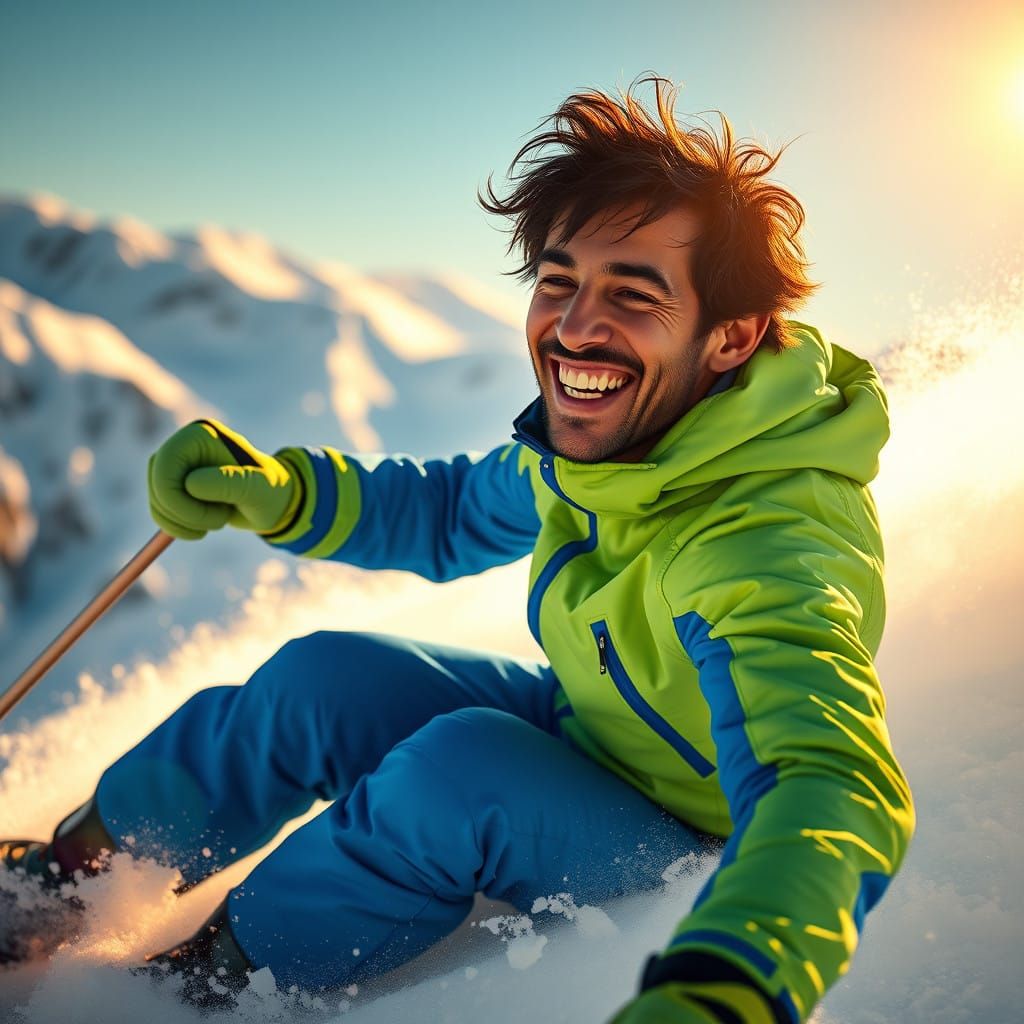 Sleek Spanish Man Slides Down Snowy Slope in Vibrant Fantasy...