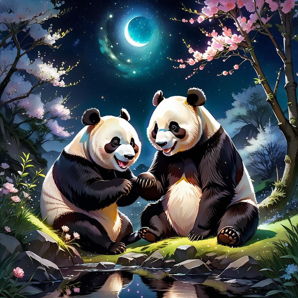 Adorable Panda Couple Enjoying a Starry Night