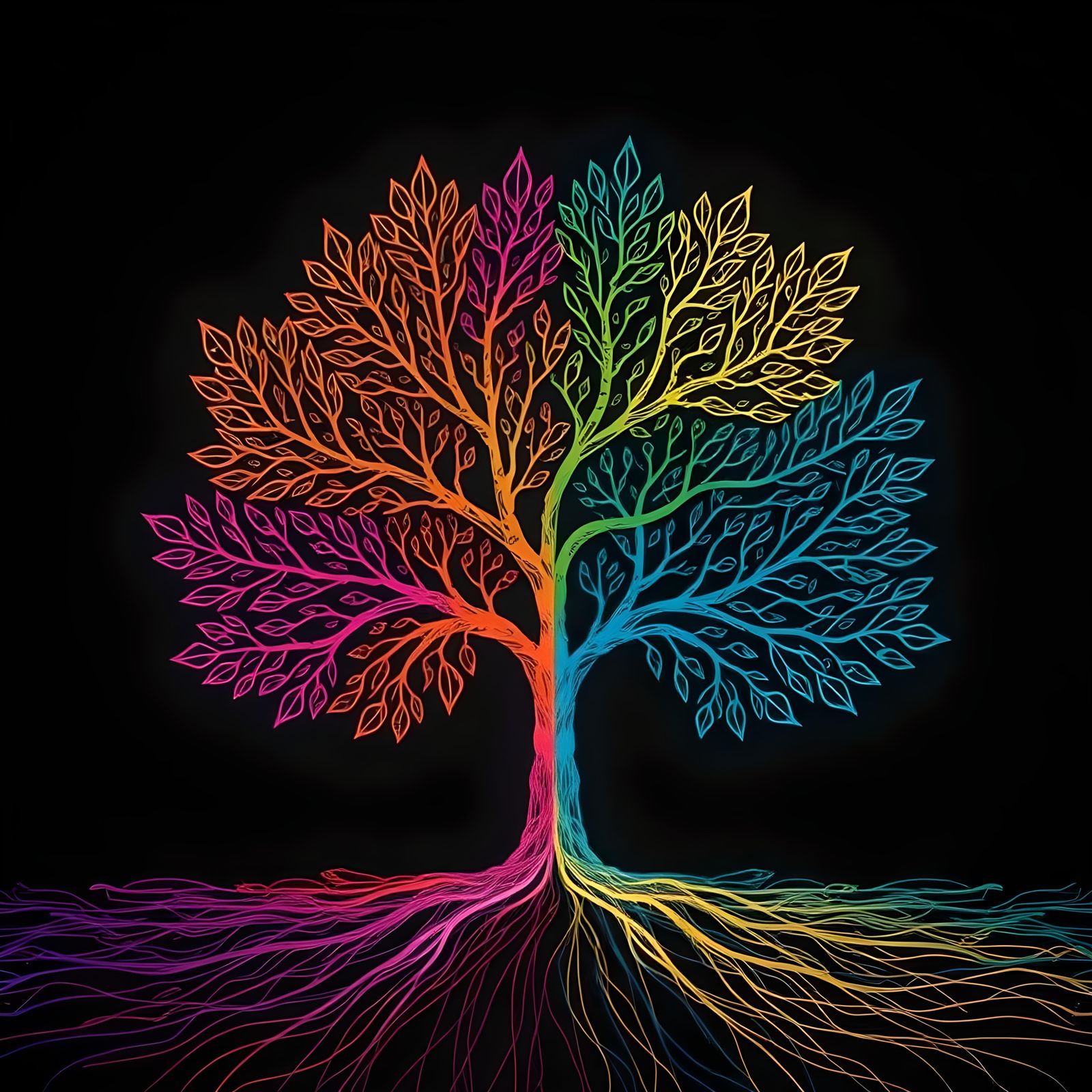 Colorful Line Art Tree on Black Backdrop