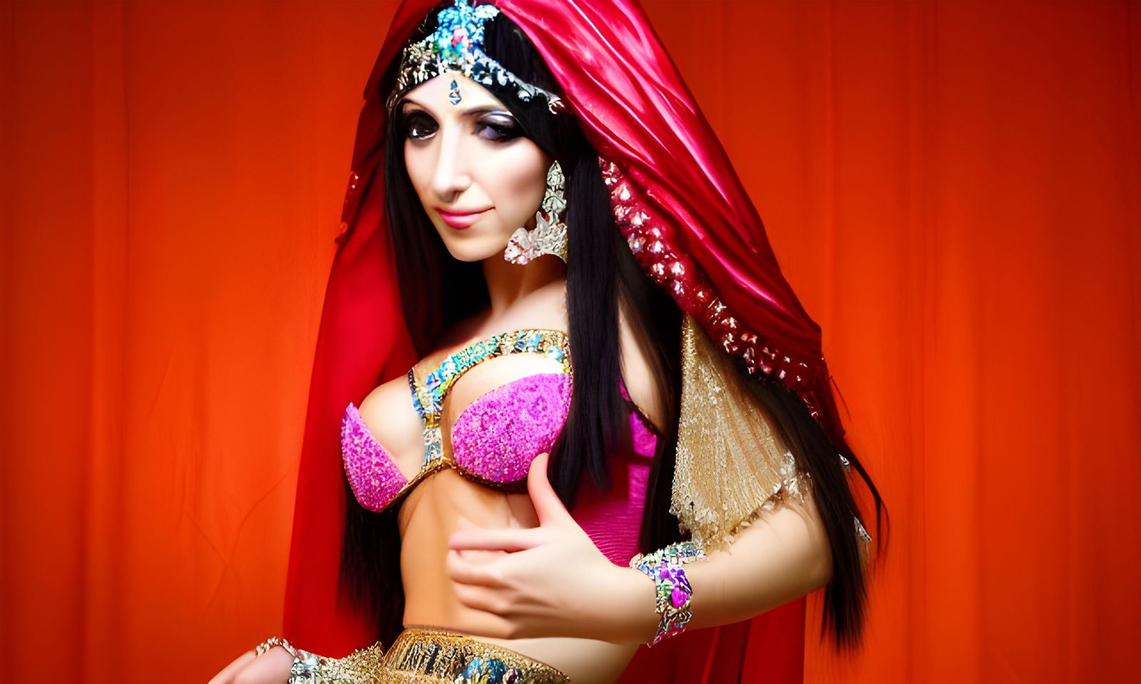 Belly Dancer in Jeweled Veil and Pastel Costume
