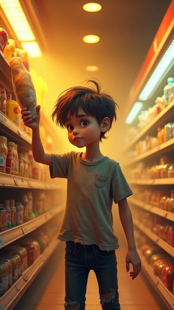 Boy Stealing Food in Supermarket, CGI Render