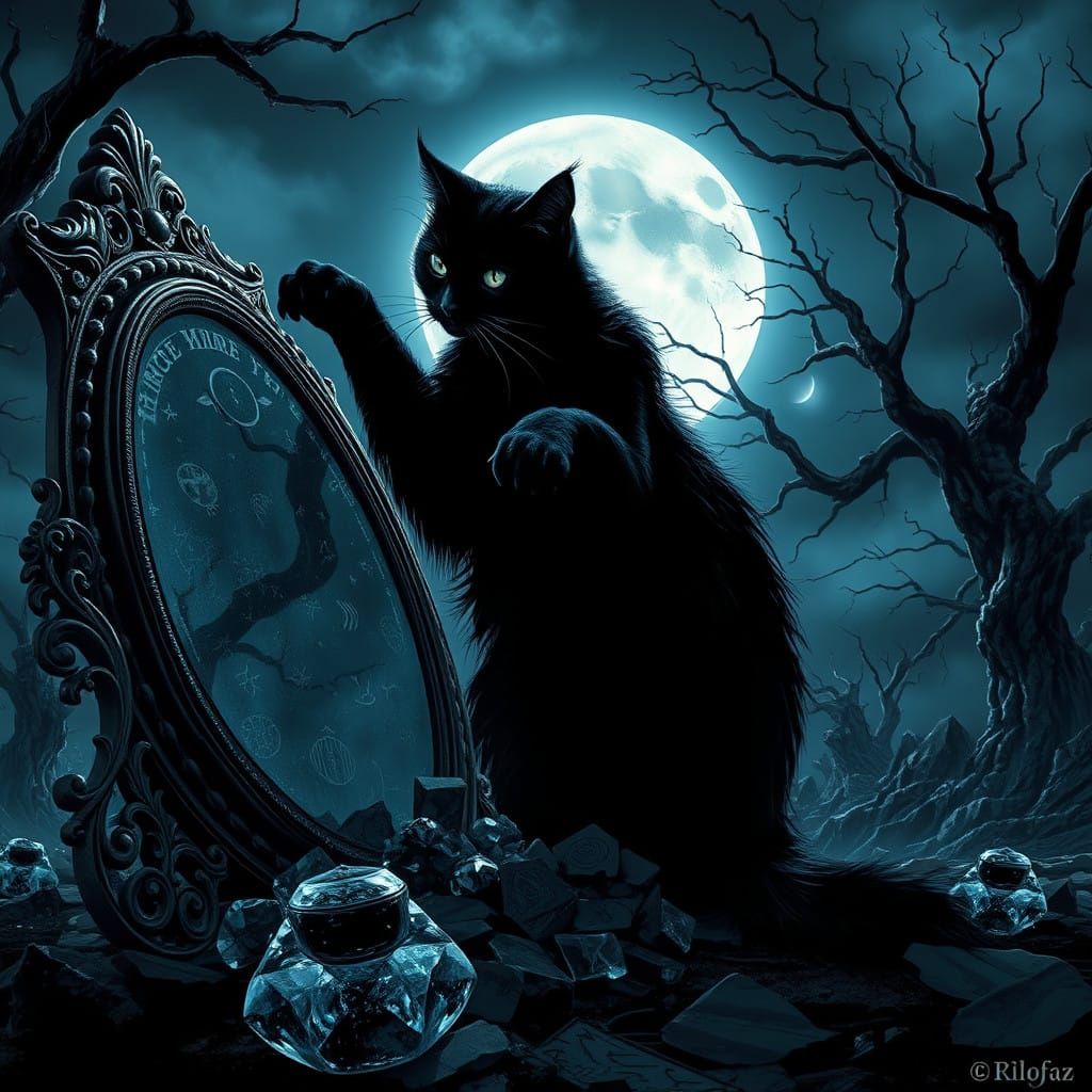 Spectral Cat Confronts Midnight Mirror in Dark Mystical Land...