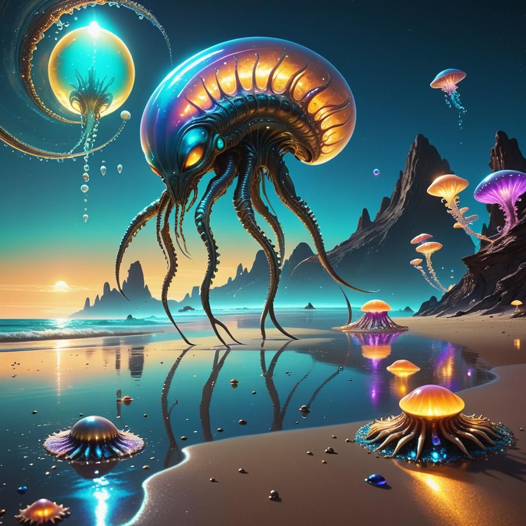 Alien Beach with Bioluminescent Life in Cosmic Art