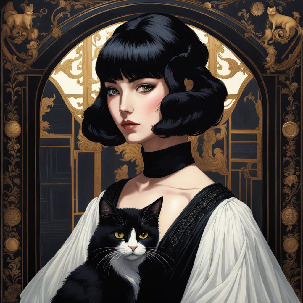 Woman and Cat in Pre-Raphaelite Anime Style