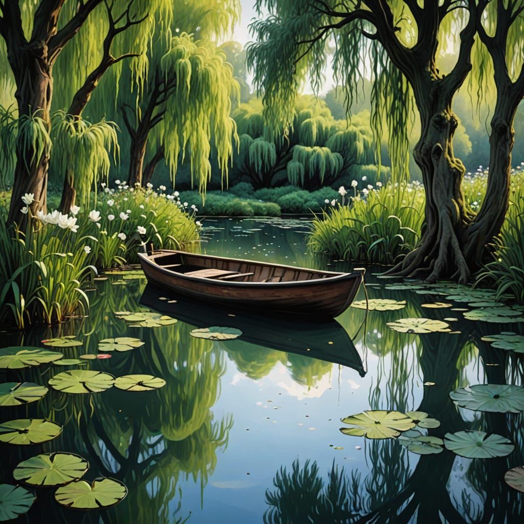 Whimsical Liquid Ink Landscape with Weeping Willow and Water...