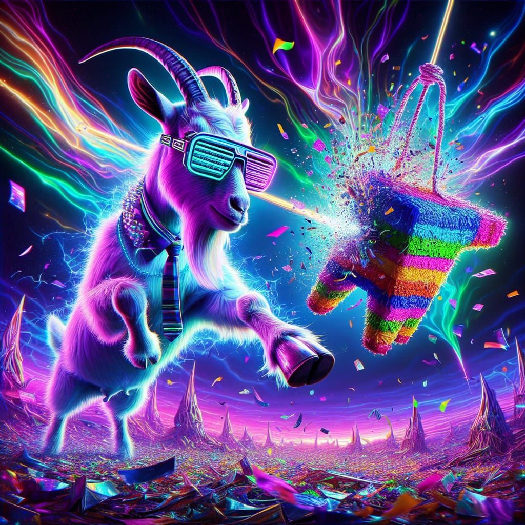 Cyberpunk Goat Unleashes Confetti Explosion in Cosmic Storml...