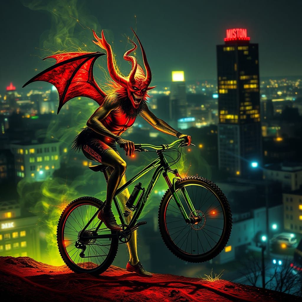 Encaustic Demon Rides Mountain Bike over Boston