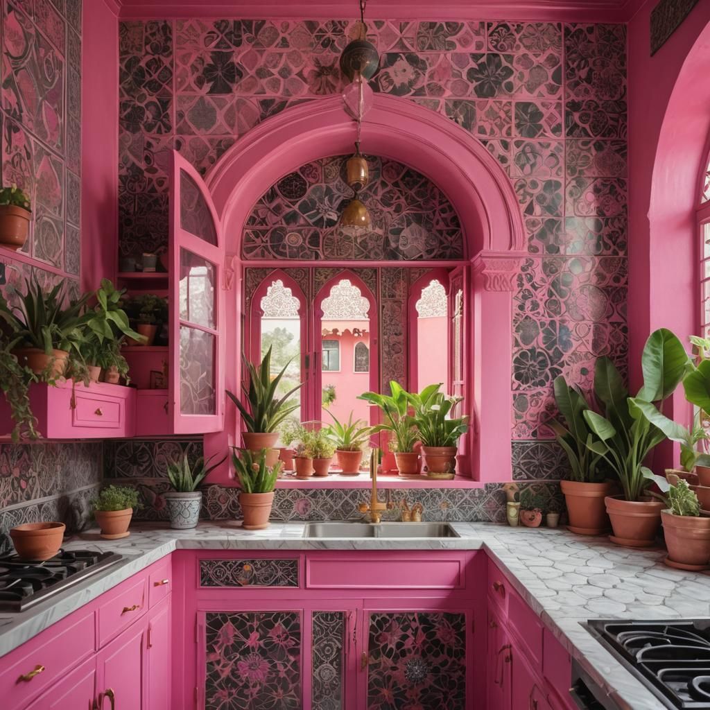Vibrant Neon Pink Moroccan Kitchen with Boho Decor