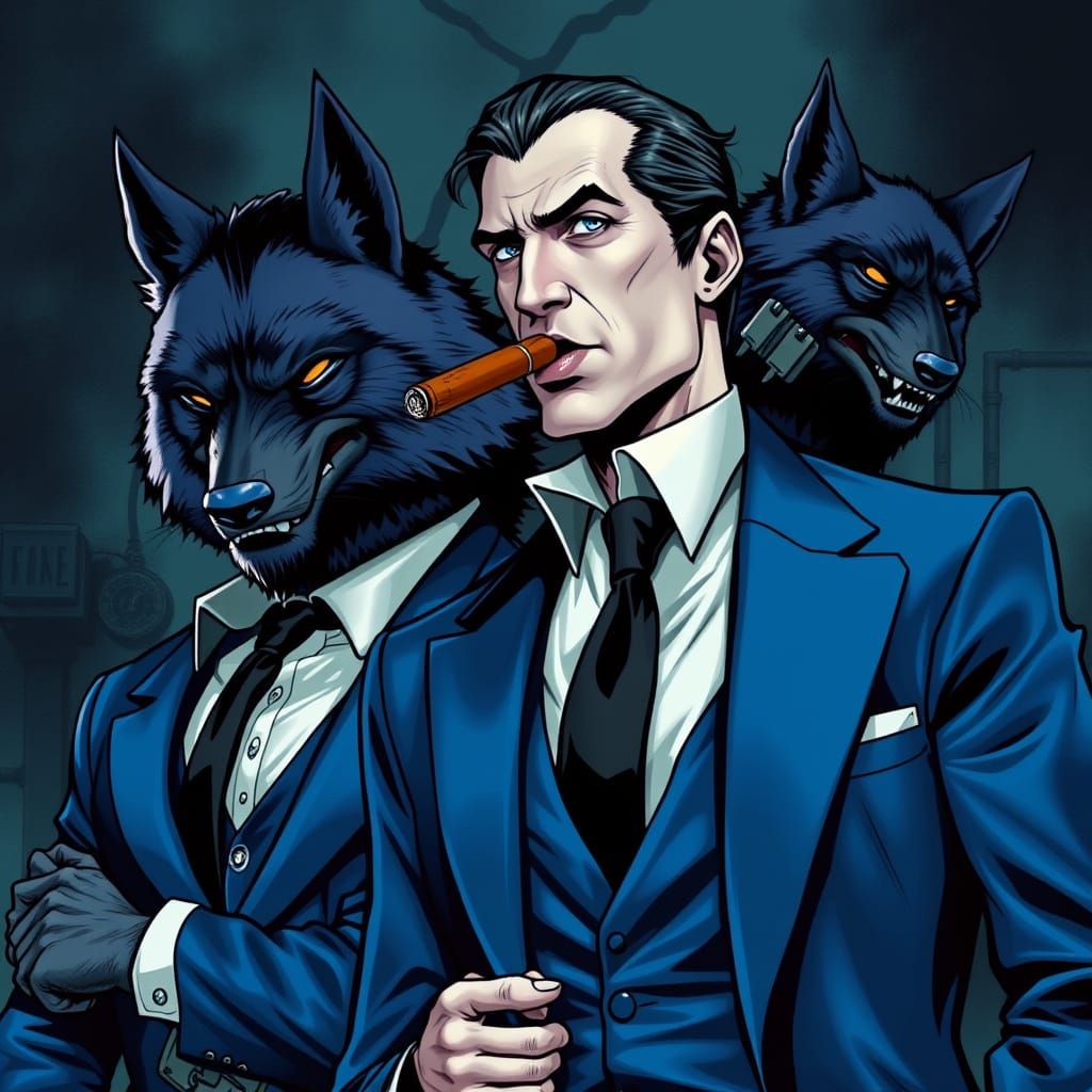Sophisticated Vampire in Cobalt Blue Business Attire, Flanke...