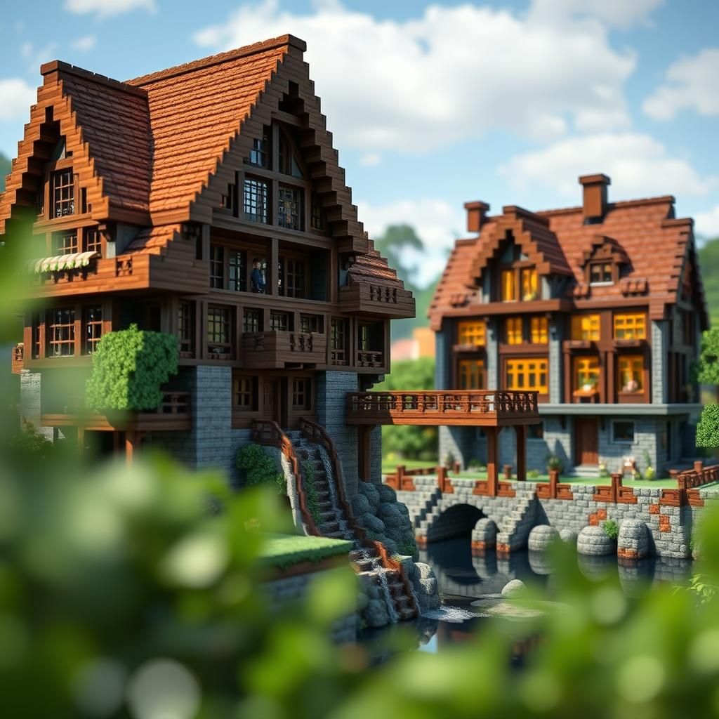 Minecraft Buildings Connected by Bridges: Professional Photo...