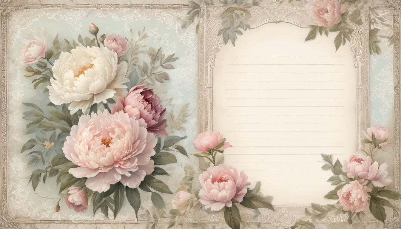 Peonies and Lace on Vintage Journal Page