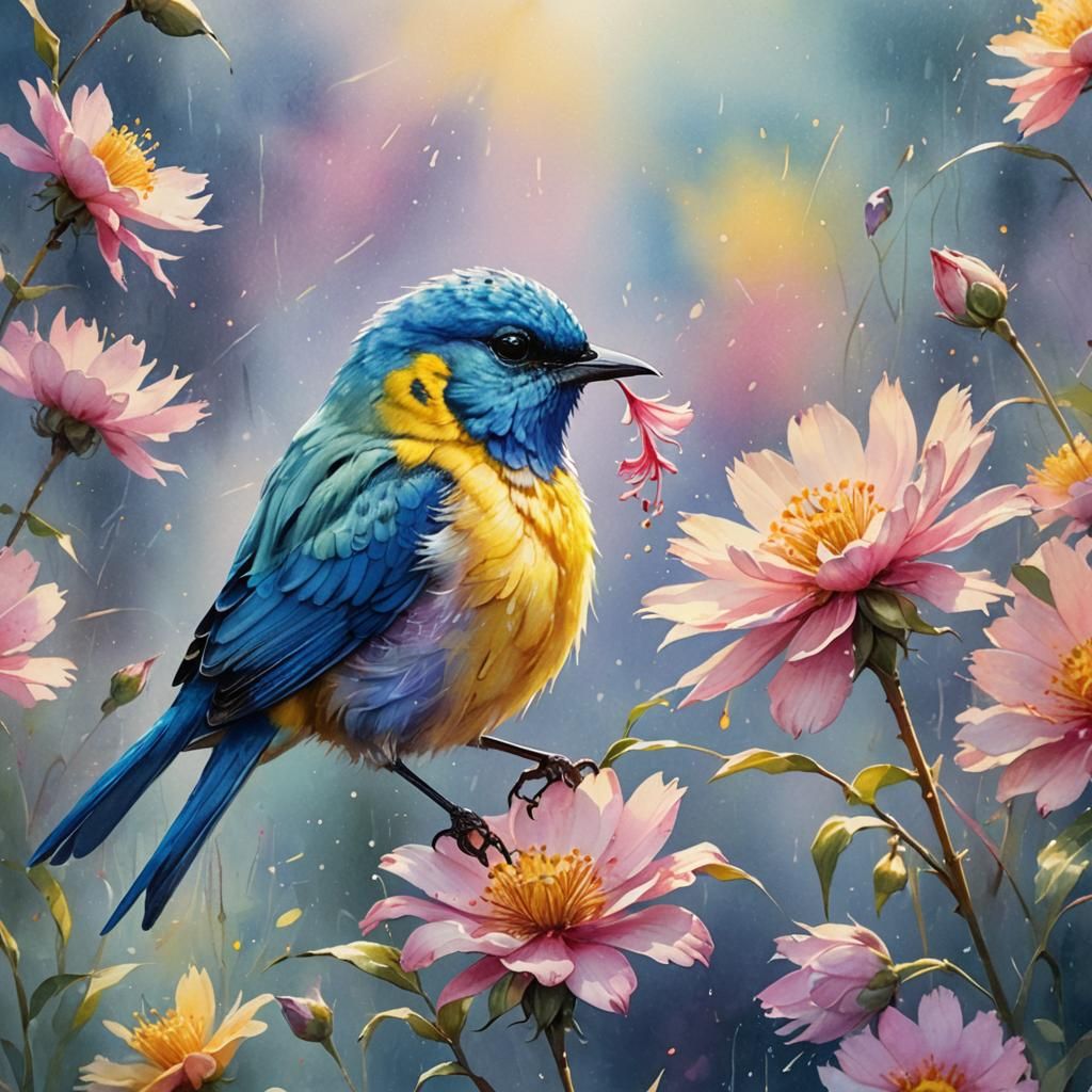 Blue and Yellow Bird Drinking Nectar in Watercolor