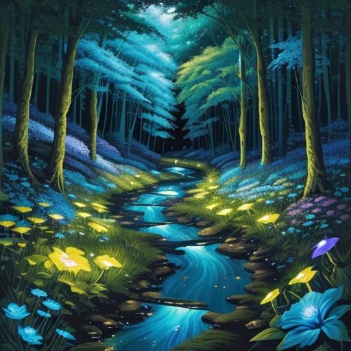 Bioluminescent Forest Stream: Fantasy Acrylic Painting