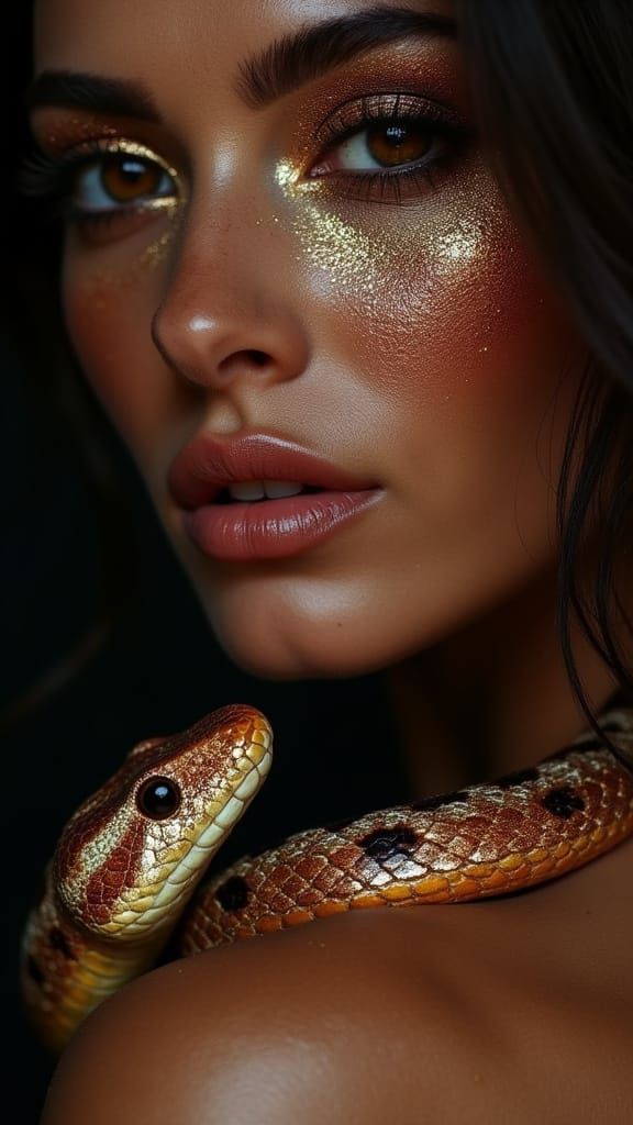 Woman with Snake: Hyperrealistic Close-Up Portrait