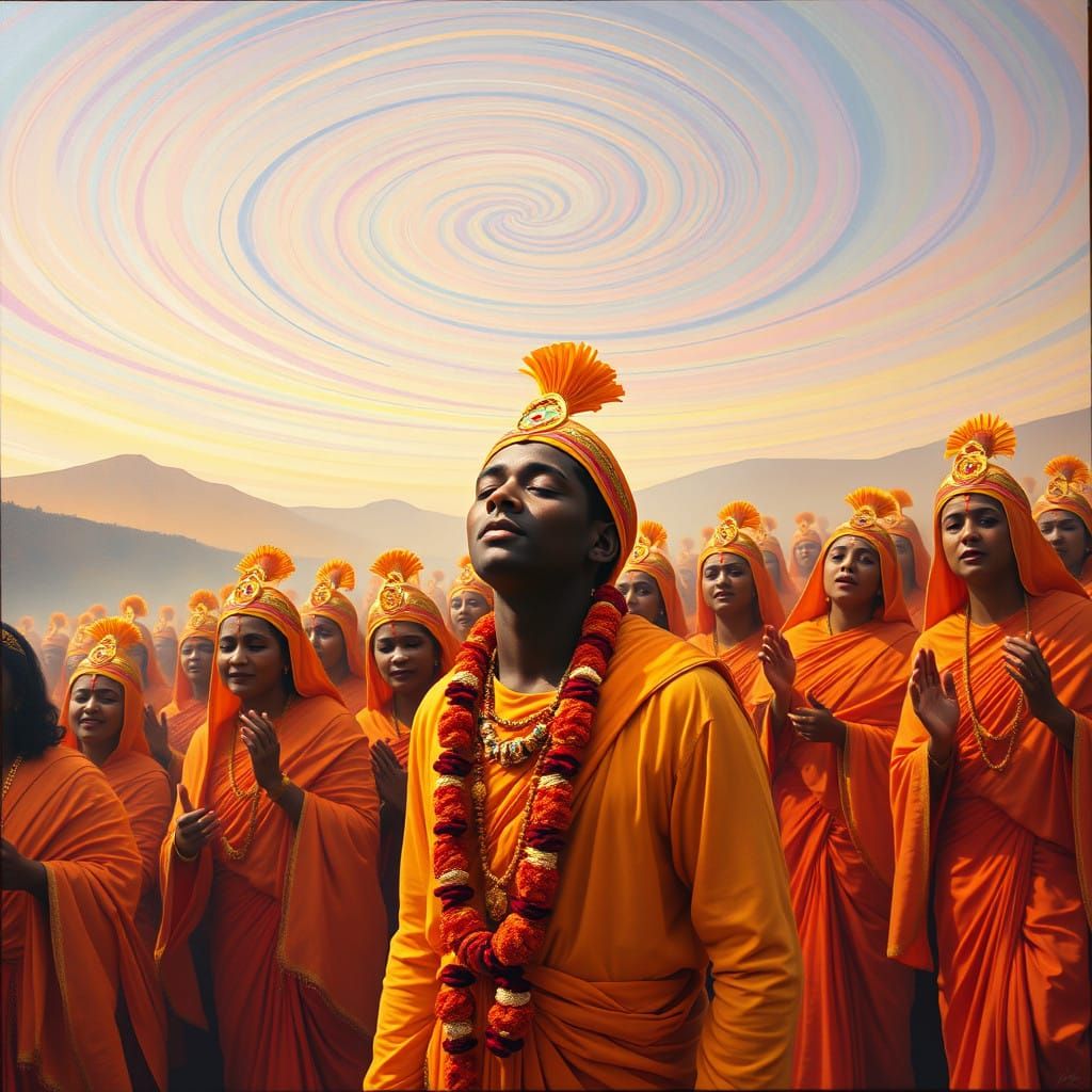 Saffron-Robed Devotees in Vibrant Surrealist Procession