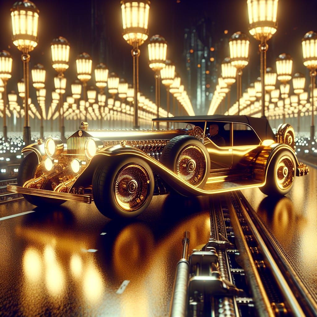 Golden Car on Futuristic Highway in Blender Style