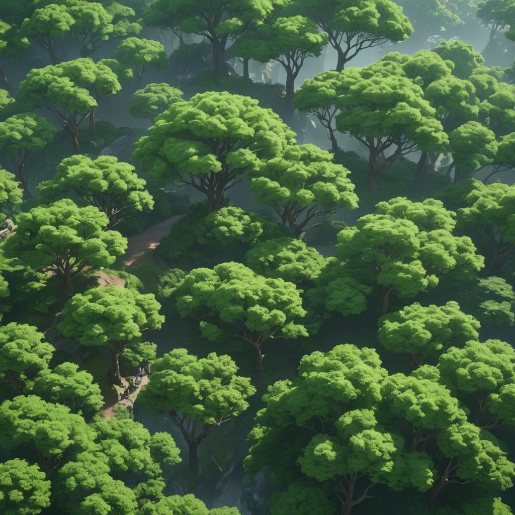 Detailed 3D Anime Green Trees Art
