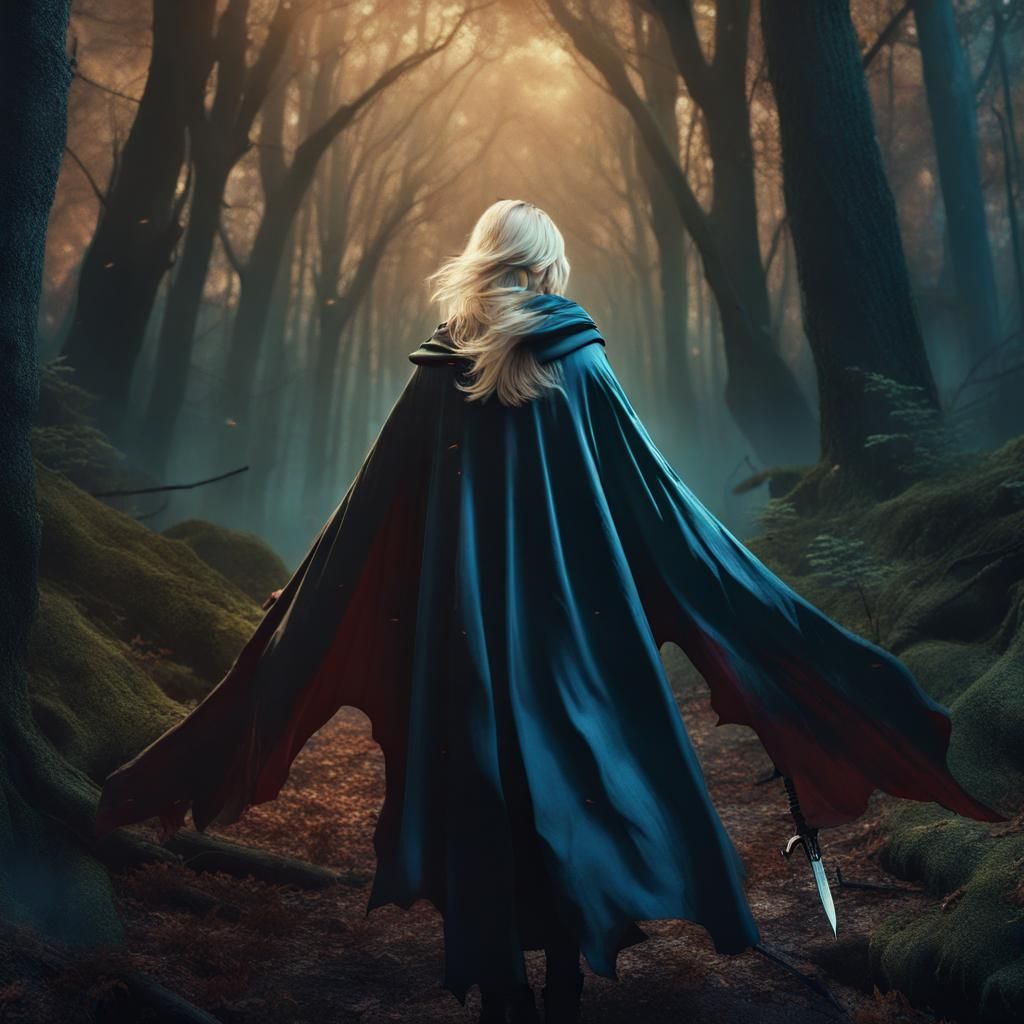 Blond Woman in Forest, Detailed Matte Painting