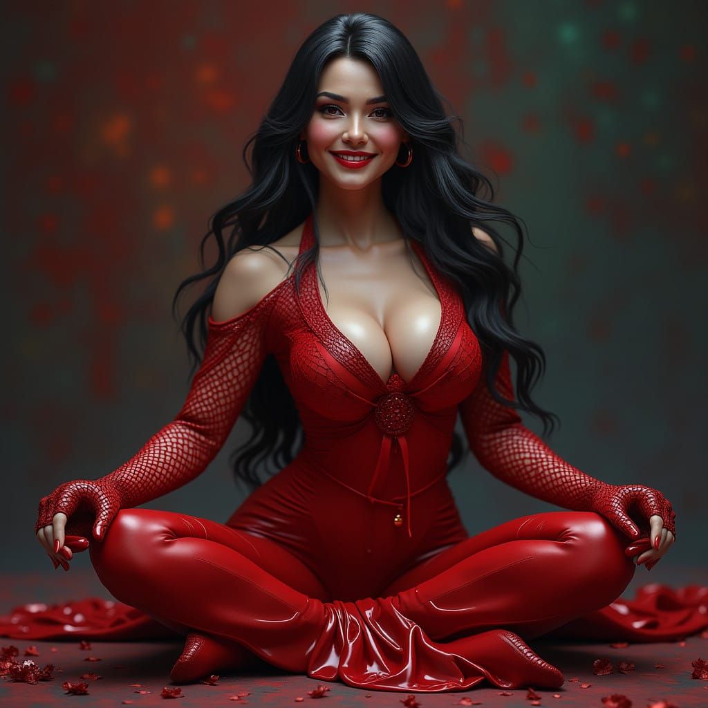 Confident Fantasy Goddess in Red Latex Hijab