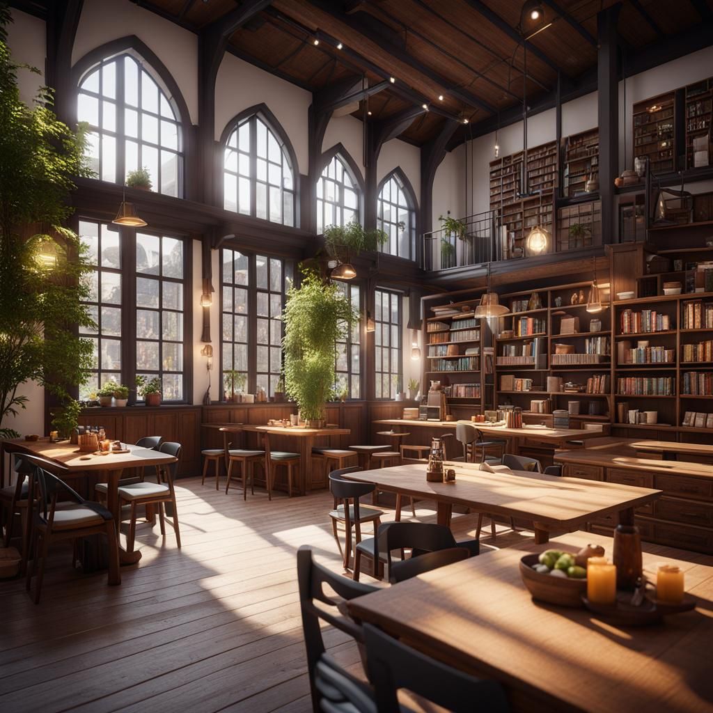 Scandinavian Cafe with Library in 3D Render