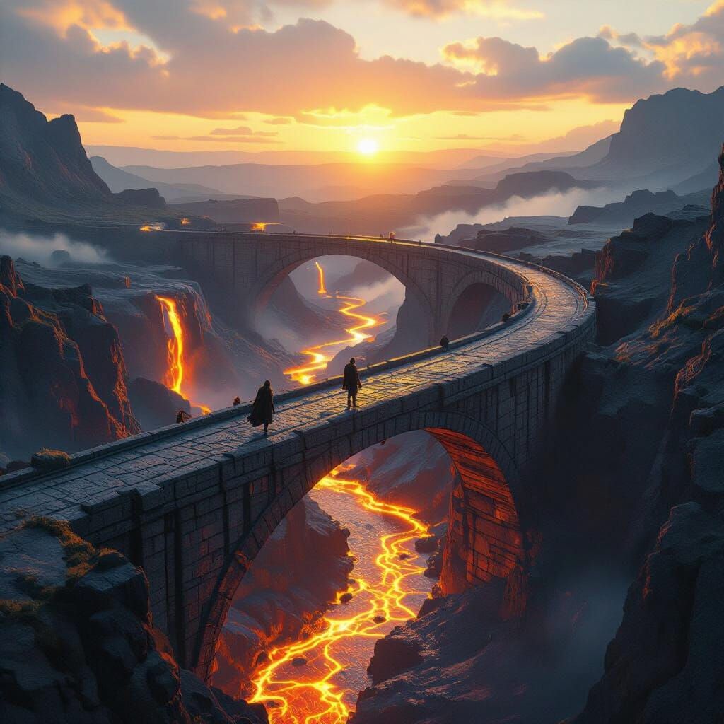 Traveler on Lava Bridge: Epic Fantasy Scene