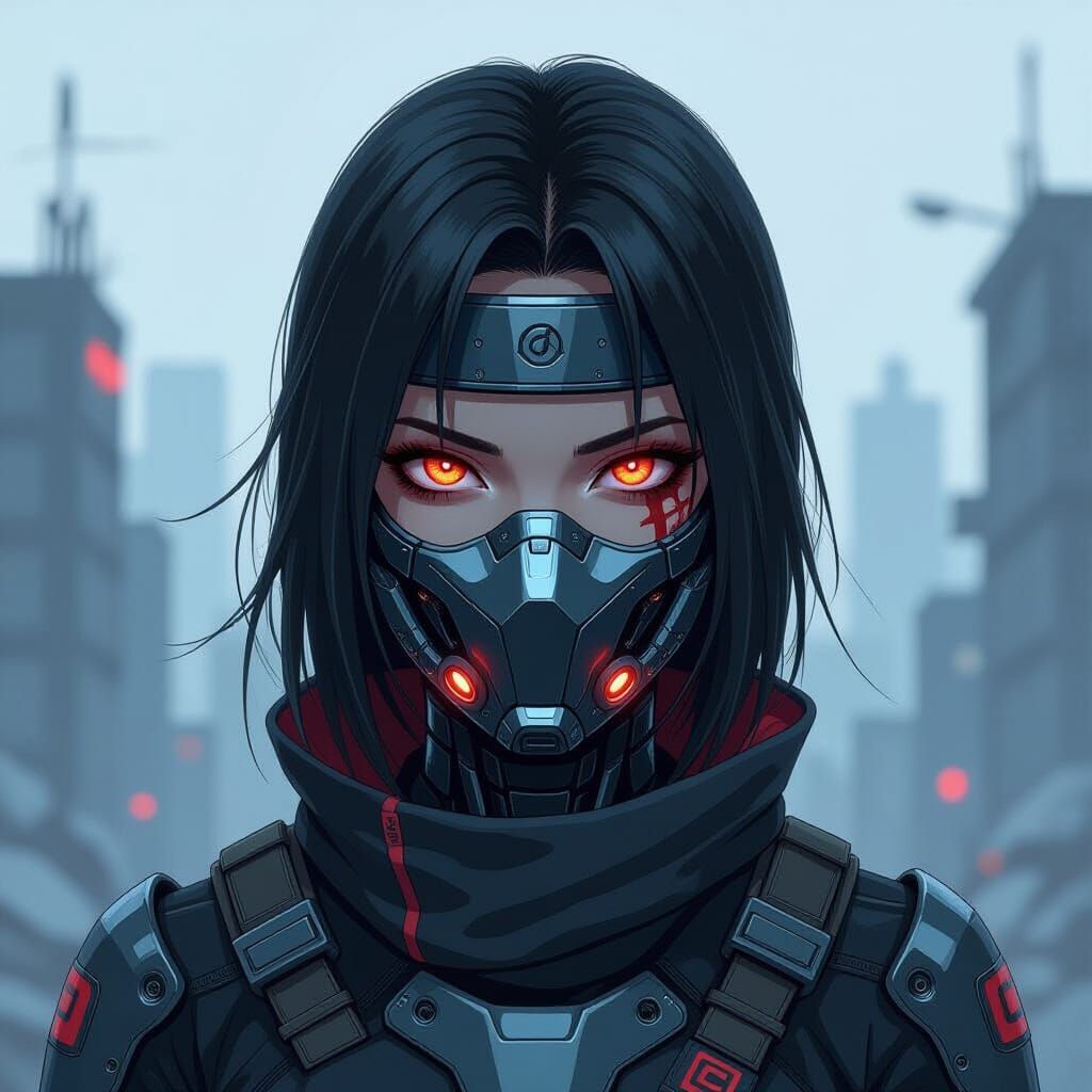 Anime Cyborg Ninja in Dystopian Cityscape
